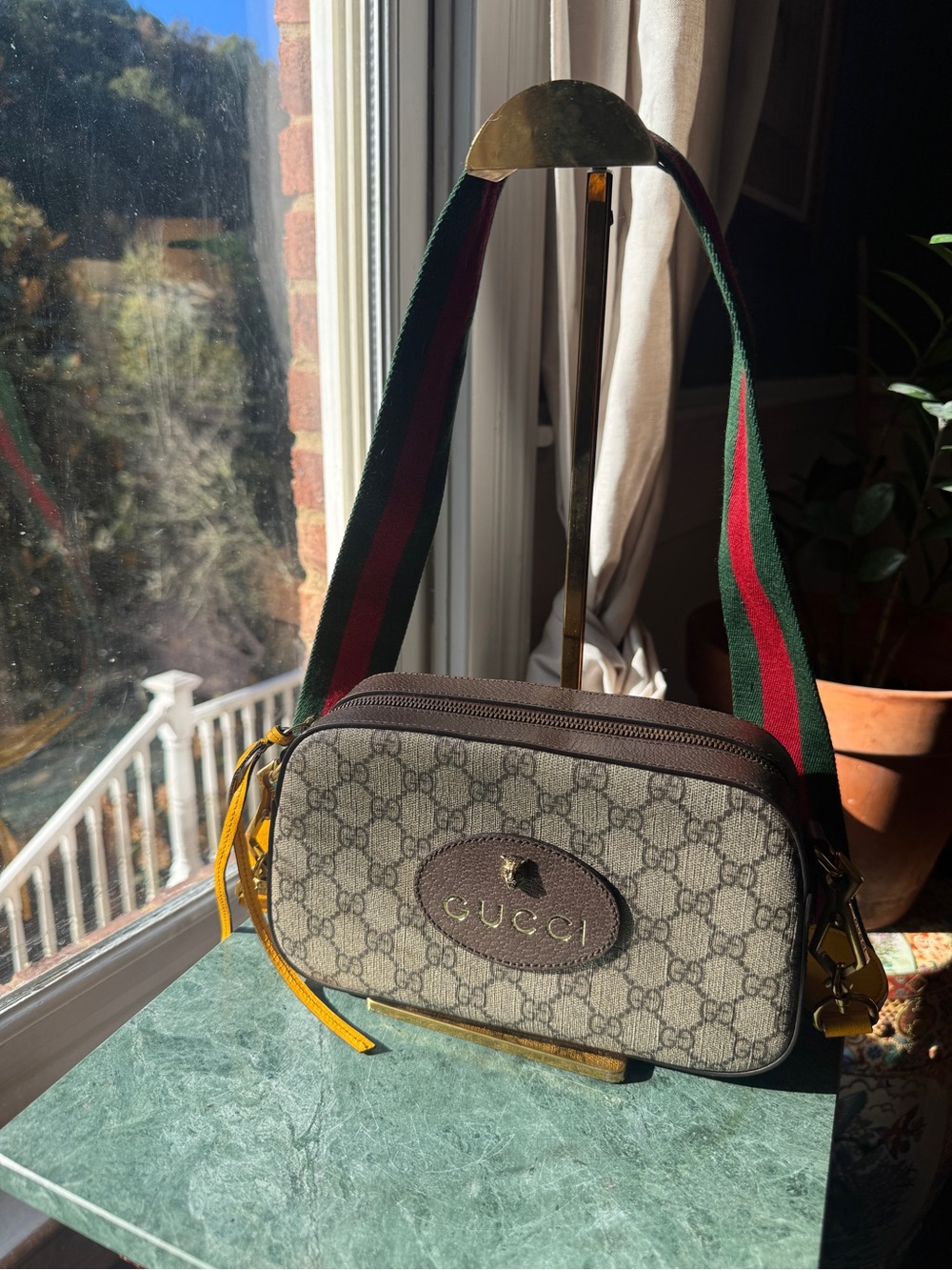 Gucci Brown GG Supreme Crossbody with Green-Red Web Strap